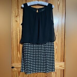 Sequined Checkered Skirt Shift Dress Sheer Overlay Top Black & White
